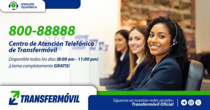 Centro de Atención Telefónica a su disposición diariamente de 8 am a 11 pm. Usted podrá reportar incidencias sobre #Transfermóvil y el monedero móvil MiTransfer, recibiendo una asistencia personalizada, libre de costo desde cualquier teléfono.
#EtecsaConCuba