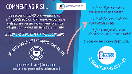 SurmafactureFr's tweet photo. ❌Si vous recevez un #SMS d'un numéro #mobile en 06 ou 07,soyez vigilant au #smishing (ou phishing par SMS), une pratique visant à dérober vos données personnelles ou bancaires. NE PAS suivre les instructions si vous soupçonnez une fraude. Signalez le n° au 33700.
@dgccrf @Arcep @mediationtelco
.
#conso #cybersecurité #prevention