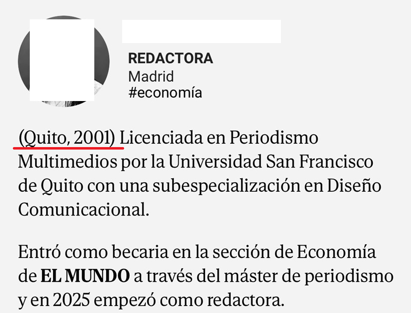 ElDelCupon's tweet image. ¡¿QUE NO HAY SUSTITUCIÓN?!

Como en 🇪🇸 no debe de haber periodistas de calidad, @elmundoes los contrata en 🇪🇨 

La juventud 🇪🇸 tiene que emigrar con sus diplomas o poner copas, mientras las empresas traen psicólogos, informáticos, periodistas, médicos, o politólogos de América.