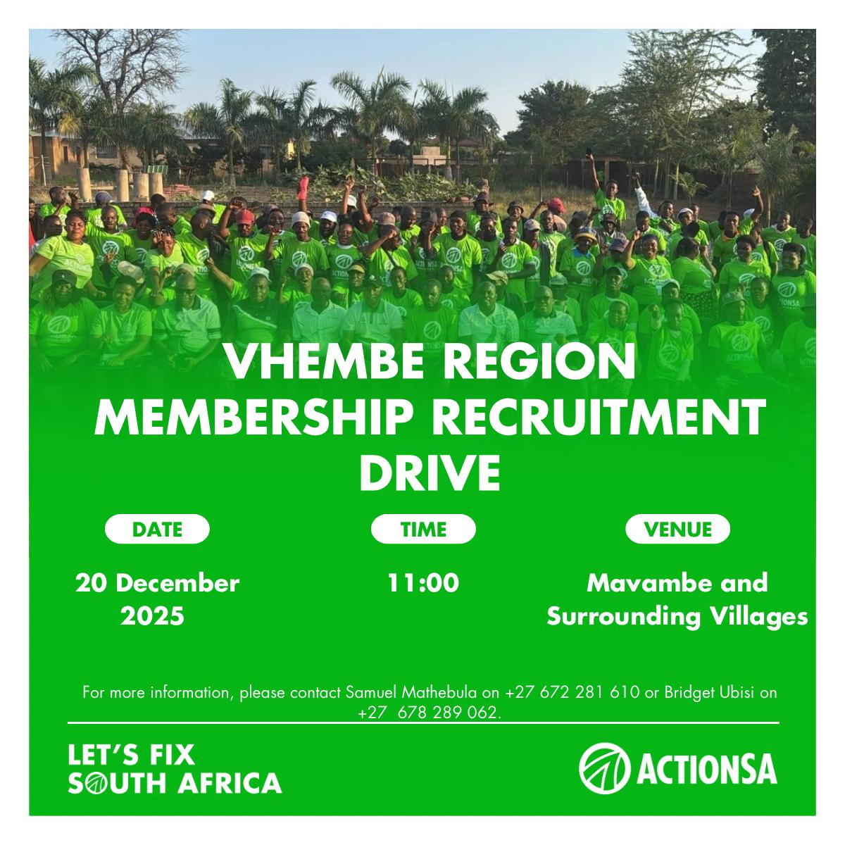 📅  This coming Saturday (20 Dec 2025) <a href="/ActionSA_LP/">ActionSA Limpopo</a> Vhembe Region will go all out on a Membership Recruitment Drive, scheduled to start at 11:00 in Mavambe extending to the surrounding villages in Vhembe Make sure you join us as we advance for a better tomorrow under <a href="/Action4SA/">ActionSA</a> ,