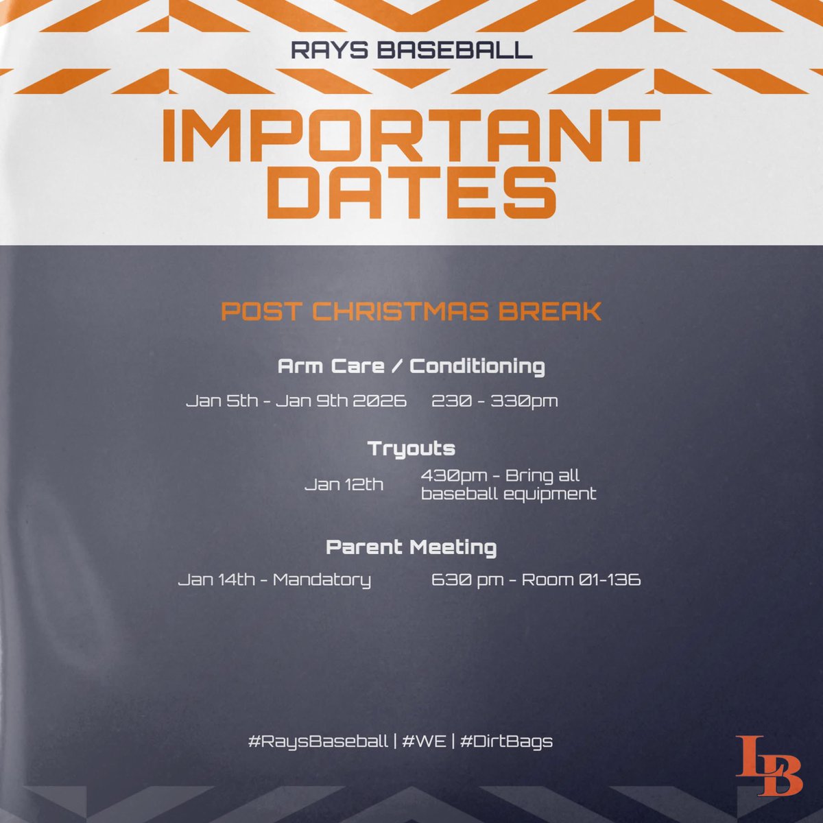 LBHS_Baseball's tweet image. 🚨IMPORTANT DATES🚨

- Arm Care starts Jan 5th 
- Tryouts Jan 12th 
- Parent Meeting Jan 14th

Enjoy your Christmas break!