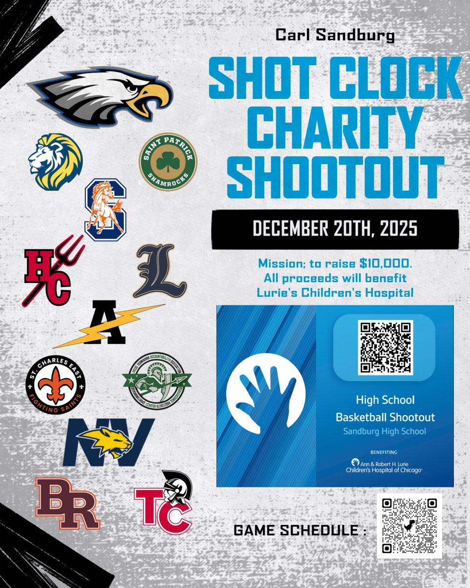 We are excited to once again be part of <a href="/SandburgHoops/">Sandburg Eagles Boys Basketball</a> Shot Clock Charity Shootout!  This year has special significance with the shootout being run in honor of our former AD, Mr. Bob Fabrizio.  All proceeds benefit Lurie Children's Hospital

Varsity plays at 2:30 PM, Sophs at 4