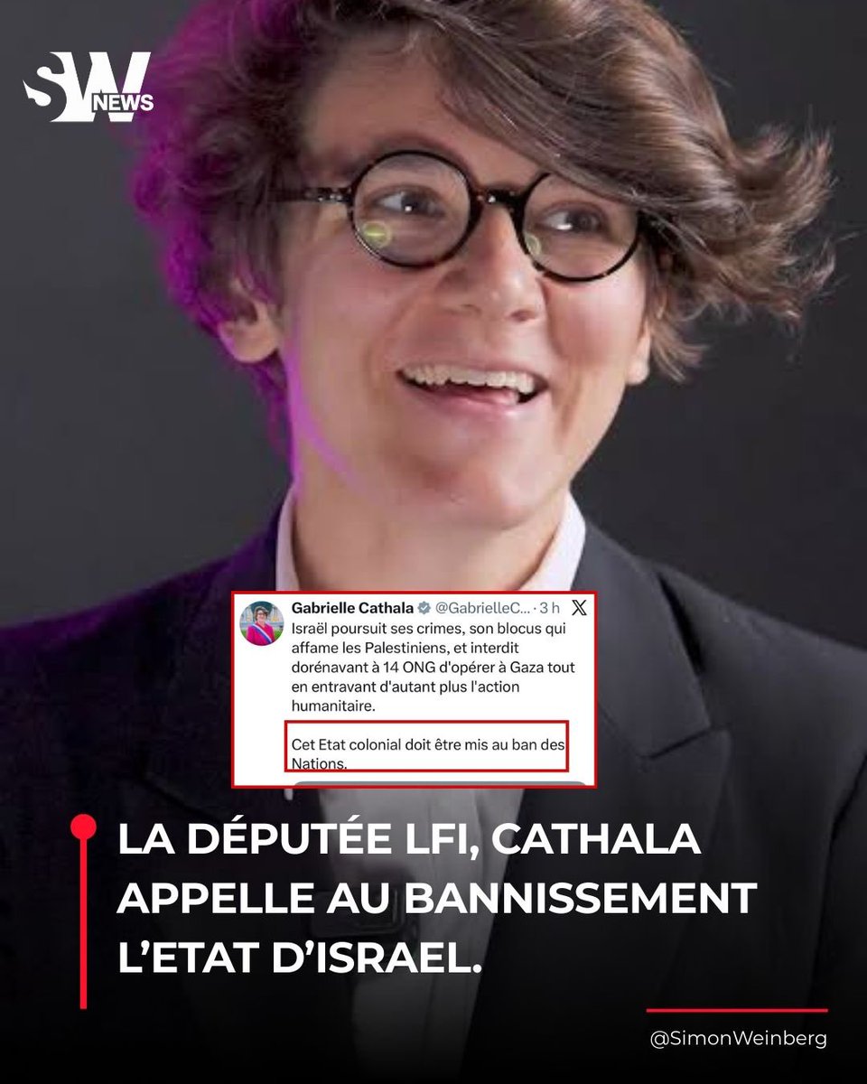 🔴🇫🇷 | La députée LFI, Gabrielle Cathala appelle au bannissement de l’Etat d’israel « Cet Etat colonial doit être mis au ban des Nations, affirme la députée insoumise. 

💬 Selon la définition du Larousse “Mettre au ban”, c’est « Condamner au bannissement, à l'exil » Appliqué à