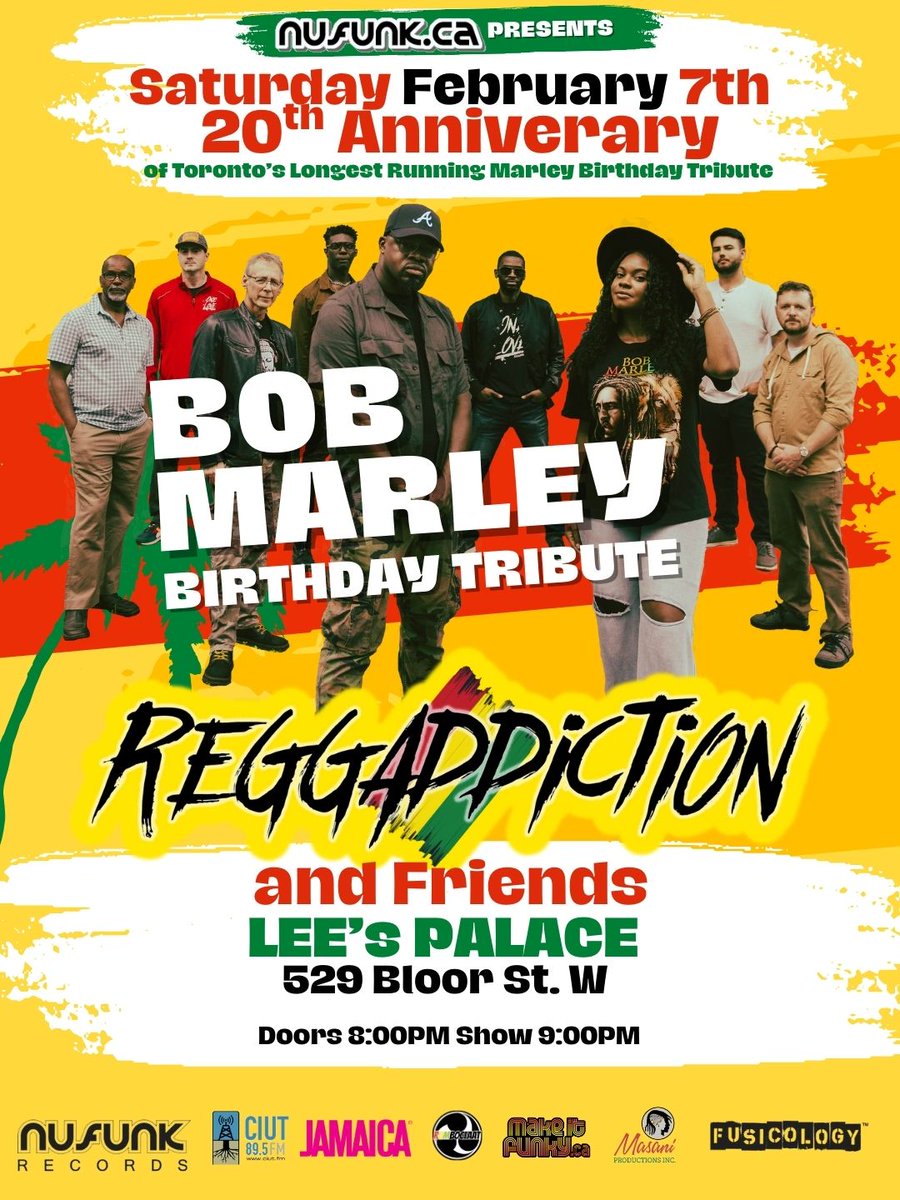 LeesPalaceTO's tweet image. The 20th Anniversary of Toronto’s longest-running Bob Marley Birthday Tribute takes place on Saturday, February 7th at Lee’s Palace, featuring Reggaddiction &amp;amp; Friends.

Get your tickets now: ticketweb.ca/event/20th-ann…

#bobmarleytribute #bobmarley #leespalace