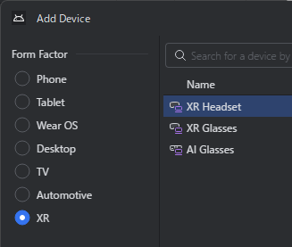 tangobear's tweet photo. Android Studio Otter 3   に更新したら、AVDのXR Form FactorにXR  Glasses、AI Glassesが新たに追加されてた。Emulator内のChromeのWeb XRもかなり安定している様子。 https://t.co/IXIxl9S2X5