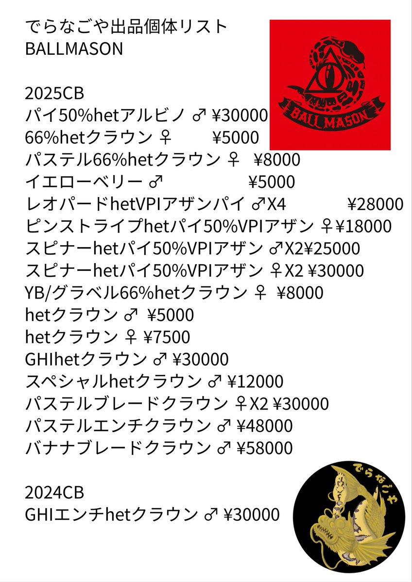 BALLMASON666's tweet image. 12/20（土）
東海ボールパイソンブリーダーズイベント！
『でらなごや』(@ball_nagoya1220 )

11:00〜16:00
フジコミュニティセンター 5F  第3会議室

心よりお待ちしております(๑•̀ㅂ•́)و✧
 #でらなごや
 #ボールパイソン
 #ballpython
 #ボールパイソン販売