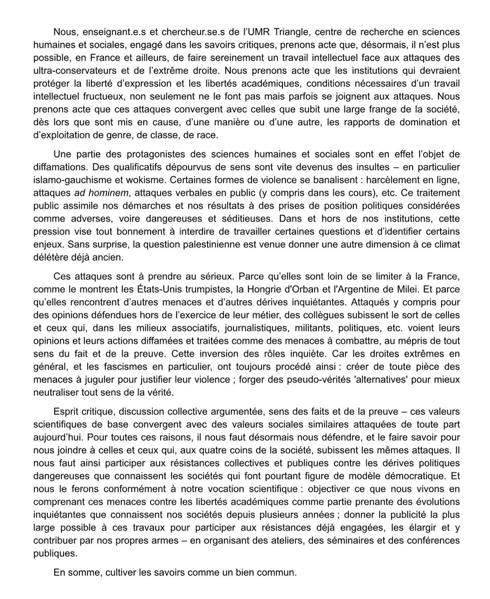 Dans un contexte de multiplication des atteintes à la #libertéacadémique, un groupe de travail au sein de l'<a href="/umrTriangle/">Triangle - UMR 5206</a> lance un cycle de conférences grand public relatif à ce thème.

1er RDV le 21 janvier 2026 sur « Antiwokisme, savoirs et politique » : docs.google.com/forms/d/e/1FAI…