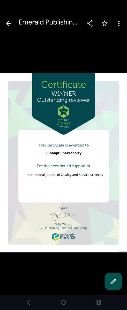 subhajitc's tweet photo. Emerald Literati Awards 2025 Outstanding Reviewer certificate - from the International Journal of Quality and Service Sciences (IJQSS)!! A big Thank you to the editors of IJQSS &amp; Emerald for voting for me! #LiteratiAwards https://t.co/QRN17s648a