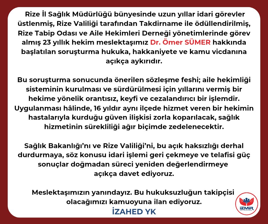 Hukuka, hakkaniyete ve kamu vicdanına açıkça aykırı bir soruşturma nedeniyle orantısız ve keyfi bir cezayla, sözleşme feshi riskiyle karşı karşıya gelen meslektaşımız Dr. Ömer Sümer'in yanındayız. 

Kamuoyuna duyurumuzdur.
<a href="/dromersumer/">Ömer Sümer</a> <a href="/AHEF2008/">AHEF</a> <a href="/Rize_AileHekim/">Rize Aile Hekimleri</a>