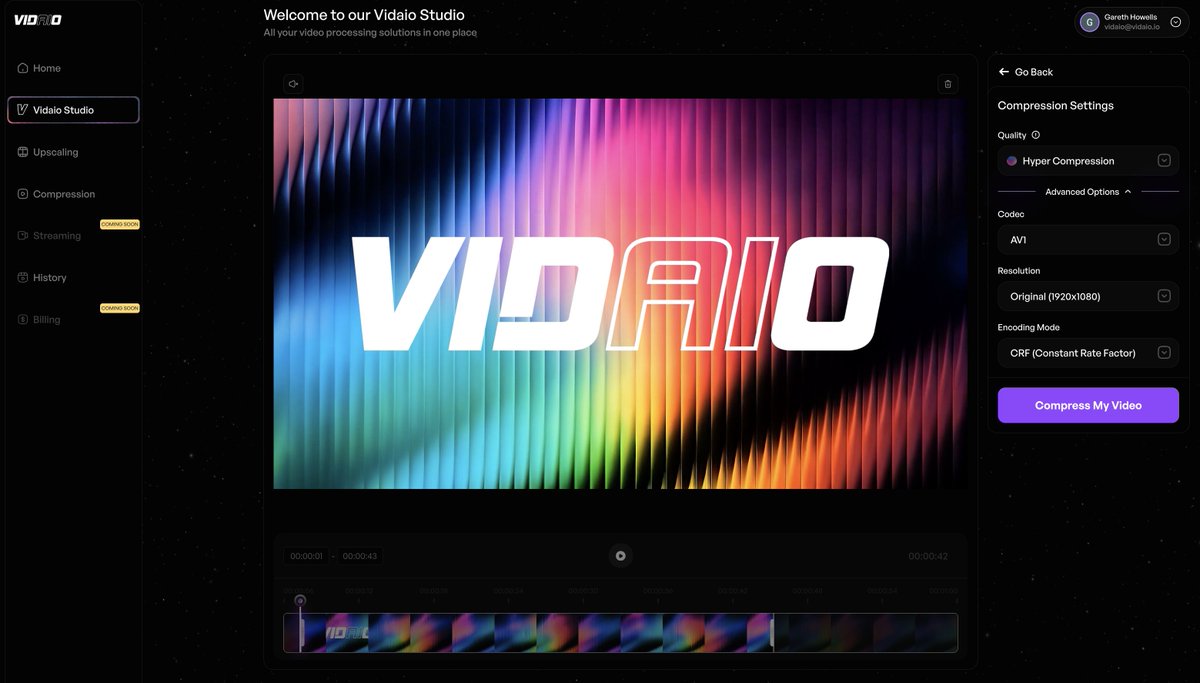 INTRODUCING VIDAIO STUDIO! 

Featuring..... 

Clipping on the timeline: You can now clip a section of the uploaded video and either upscale or compress. 

Codecs: Choose between AV1 and HEVC 

Resolution: 4k, Full HD, HD, SD

Encoding Mode: CBR (Constant Bitrate) and VBR