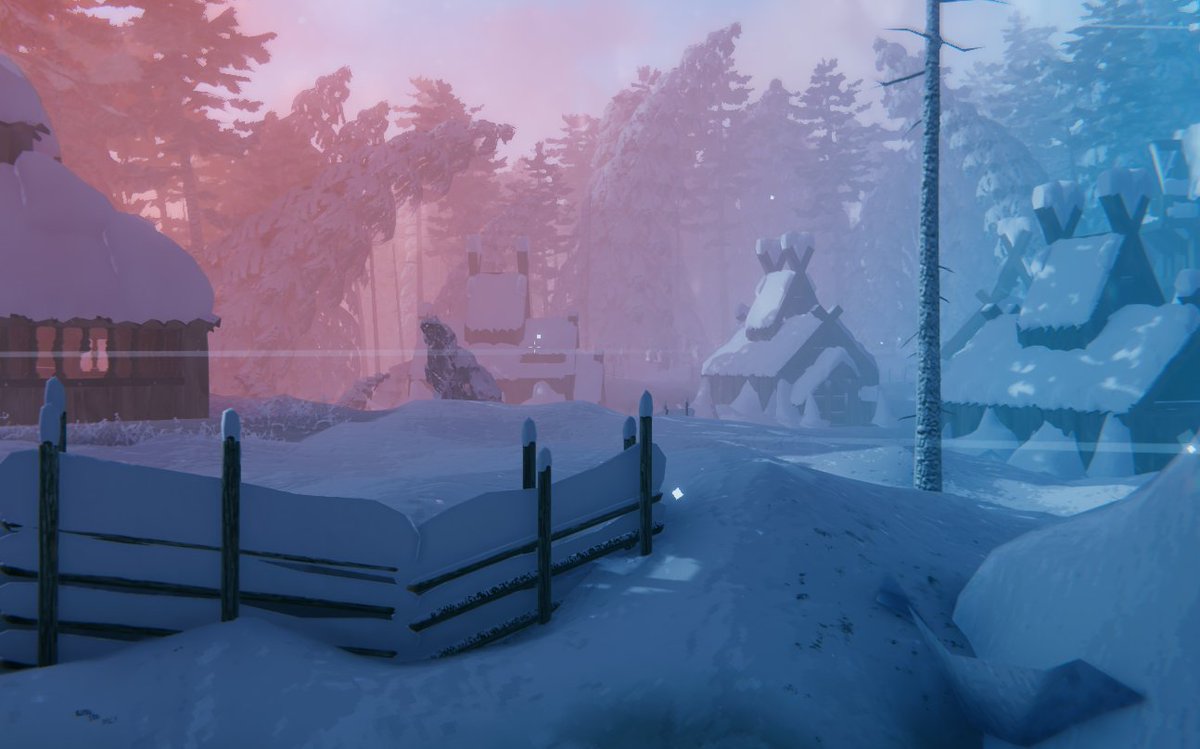 The Deep North is turning out to be the coziest place in Valheim. 

I'm especially happy with the snow on these fences! 🎄