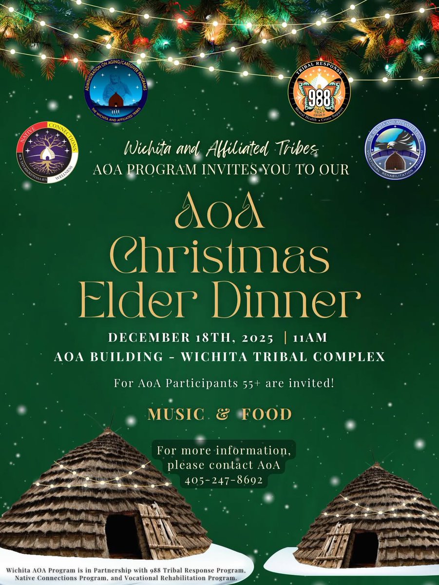 WichitaTribes's tweet photo. 📢 LOCATION UPDATE – PLEASE READ 📢

The AOA Christmas Elder Dinner has been moved back to the AoA Building.

🎄 EVENT DETAILS:
📍 AoA Building – Wichita Tribal Complex
🗓 December 18, 2025
⏰ 11:00 AM
Please note: This event will NOT be held at the Community Building. https://t.co/QCjwRxrZSG