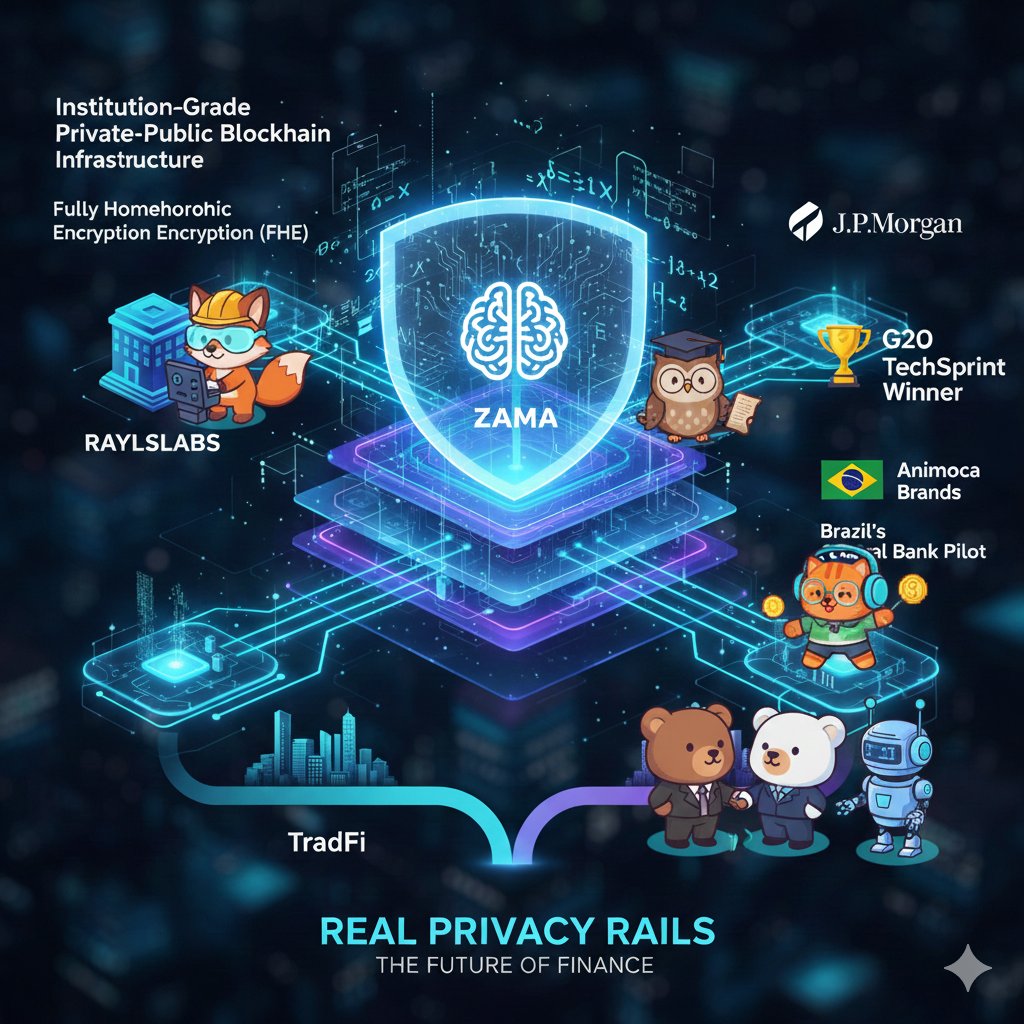 Zama is revolutionizing onchain privacy with Fully Homomorphic Encryption (FHE)—keeping data encrypted end-to-end, even during computation, enabling secure and compliant institutional transactions.  😎😎😎

Projects like RaylsLabs are building institution-grade private-public