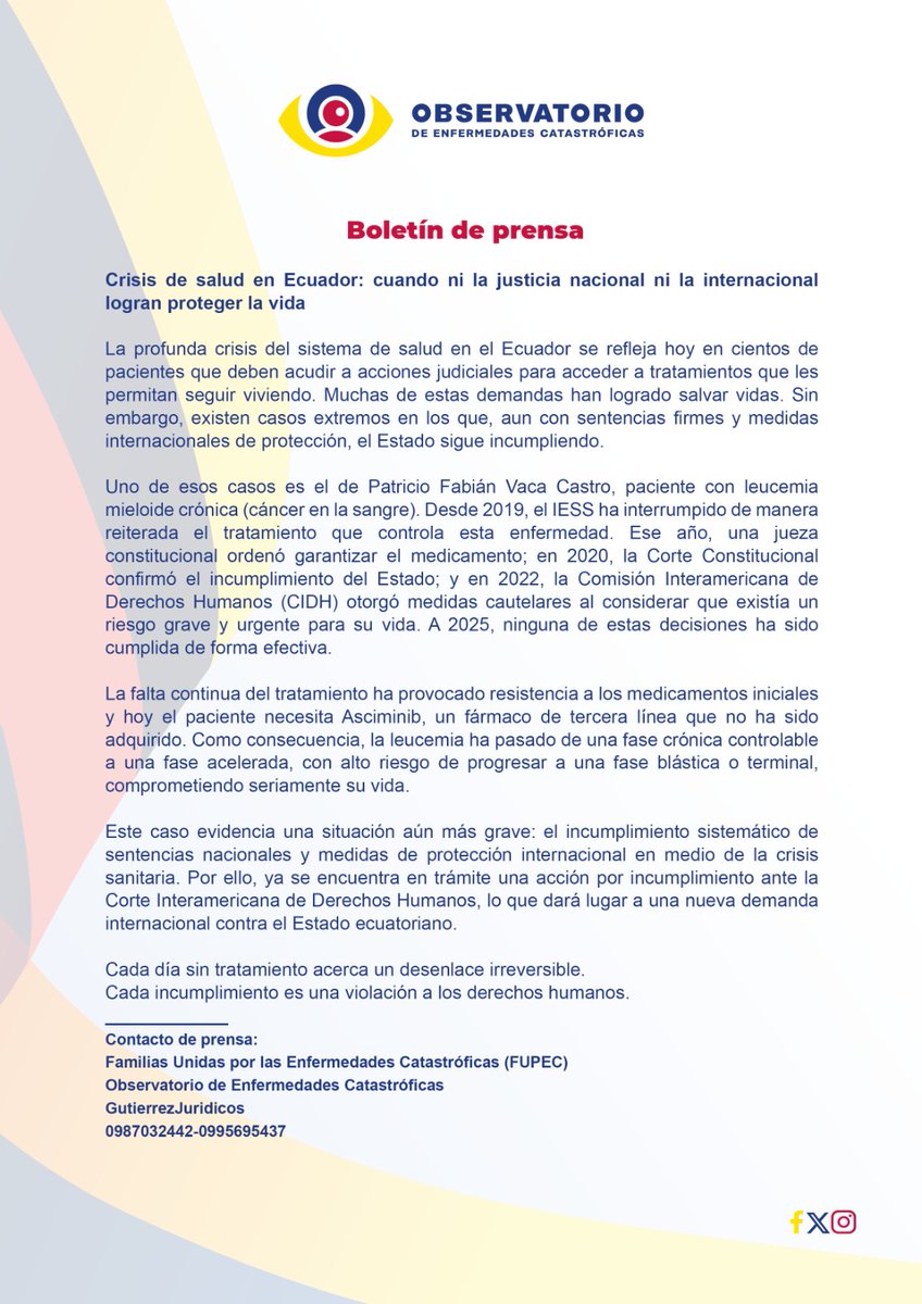 ObsEnfCataEc's tweet photo. Ni sentencias nacionales ni medidas internacionales han sido suficientes para proteger la vida de pacientes con enfermedades catastróficas.
Cada día sin tratamiento es una violación a los derechos humanos.

#DerechoALaSalud #EnfermedadesCatastróficas #Ecuador https://t.co/qrZjUF2sZ0