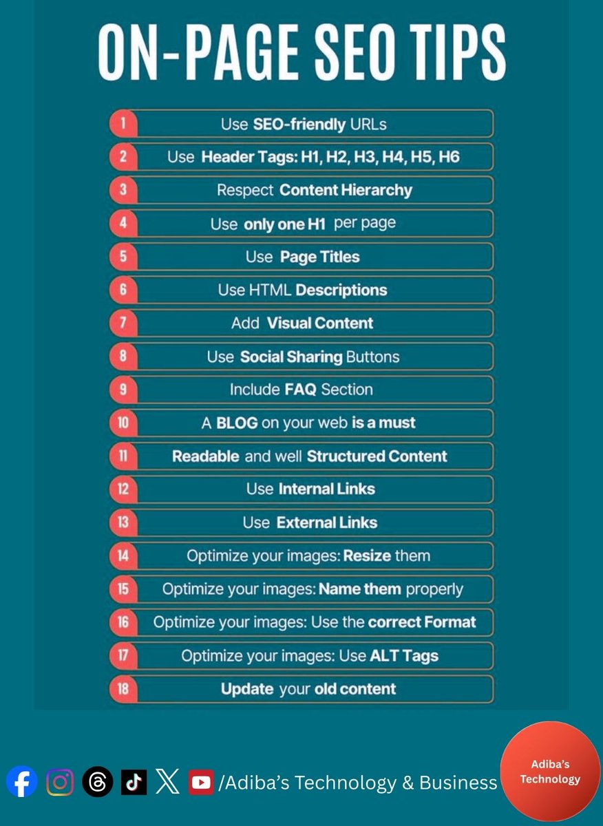adibatechnology's tweet photo. On-Page SEO Checklist:

১. Title: Keyword + Brand
২. Meta: CTA সহ 155 chars
৩. Headers: Related terms সহ H2/H3
৪. First 100 Words: Primary keyword
৫. Images: Descriptive ALT text
৬. Internal Links: Key pages
৭. Content: Helpful &amp; clear
৮. URL: Clean, keyword-rich
Visit @MosiurMmr https://t.co/Cu4mSDdf5q