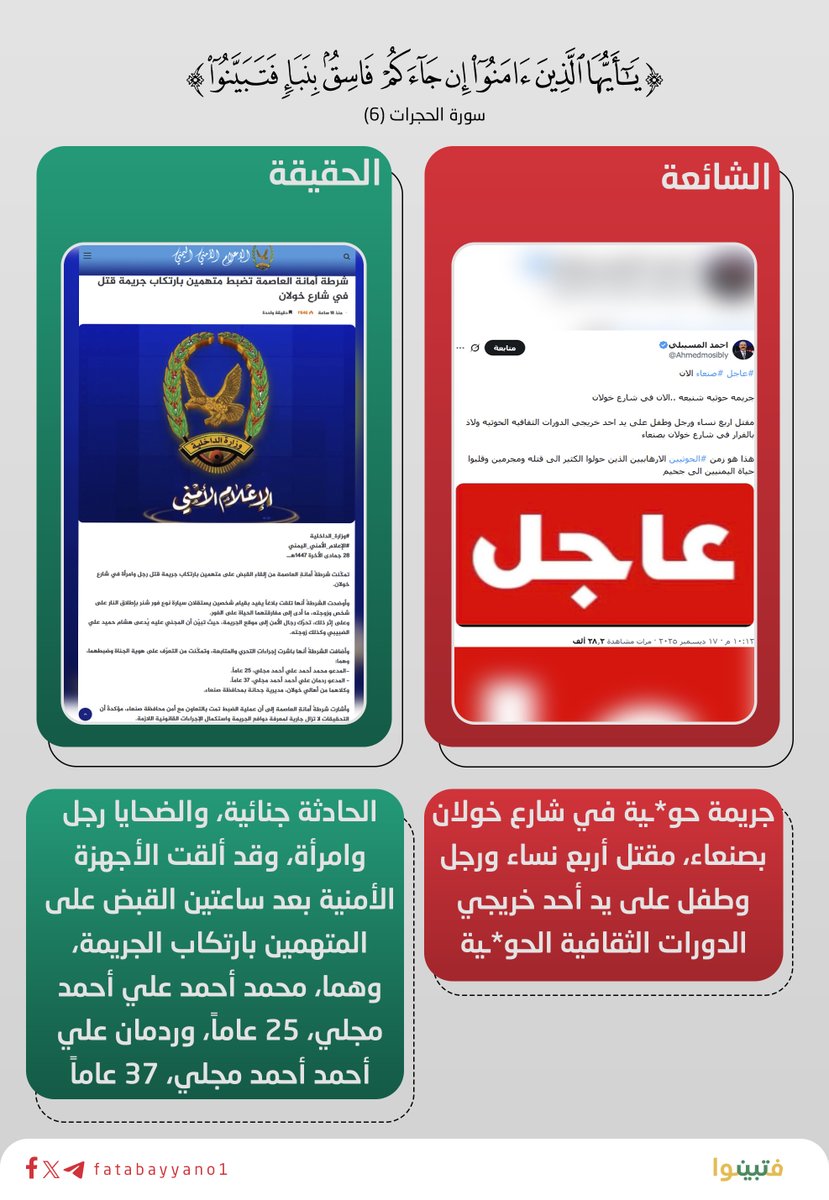 تواصل أبواق السعودية والإمارات، استغلال أي حادثة جنائية، وإخراجها عن سياقها الجنائي، ثم توظيفها سياسيًا لتشويه الدولة في صنعاء كما جرت العادة، واستغلال جريمة مقتل رجل وزوجته في شارع خولان مساء أمس مثال على ذلك.

لكن خاب مسعاهم ككل مرة، فلم يلبث الجناة ساعتين حتى تم القبض عليهم من