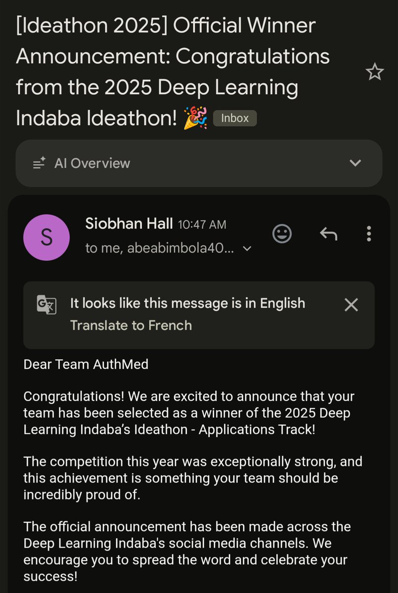 We just won the <a href="/DeepIndaba/">Deep Learning Indaba</a> #Ideathon 2025 with our project idea called #AuthMed 🎉
Big thanks to my collabo <a href="/imanibahati0/">Abraham Imani Bahati</a>, the owner of this idea, and our teammates for their commitment to make this project a success 🎊✌🏾

More details: authmed.vercel.app 

#innovation2025