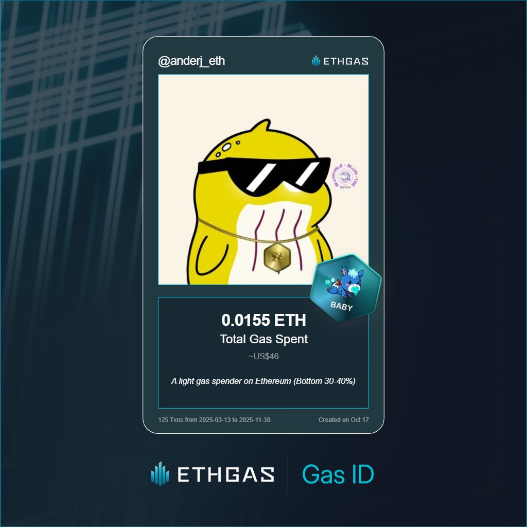Discovered my Gas ID via ETHGas - turning my gas spend into rewards 🫘

As a Baby Jack, I've spent 0.0155 ETH on gas but earned 4 Beans back.

Get your Gas ID and Beans here: ethgas.com/community/gas-…