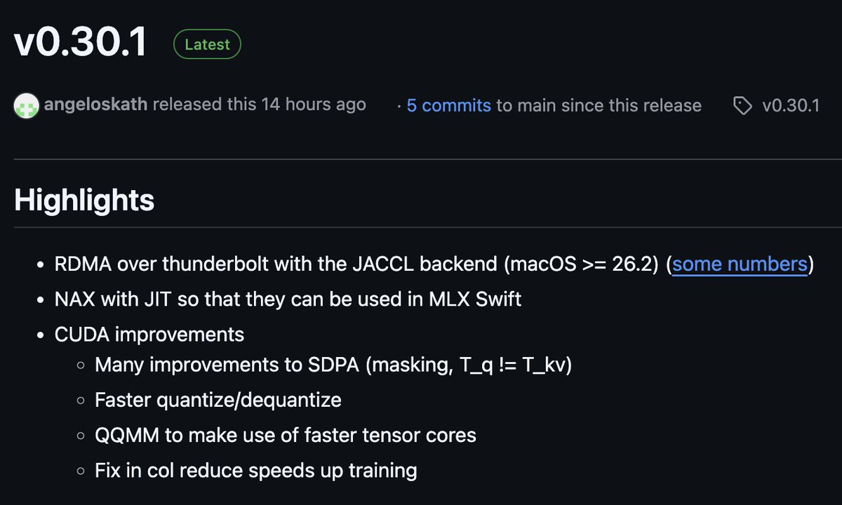 The latest MLX is out!

And it has a new distributed back-end (JACCL) that uses RDMA over TB5 for super low-latency communication across multiple Macs.

Thanks to <a href="/angeloskath/">Angelos Katharopoulos</a>