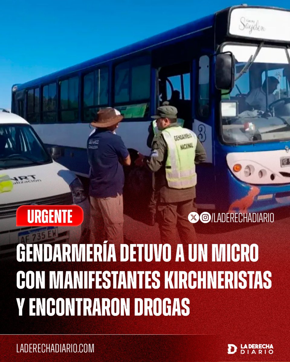 🚨🇦🇷 | #URGENTE NO FALLA: Gendarmería detuvo a un micro con manifestantes kirchneristas que iban a la marcha de la CGT y encontraron drogas, incluida cocaína.