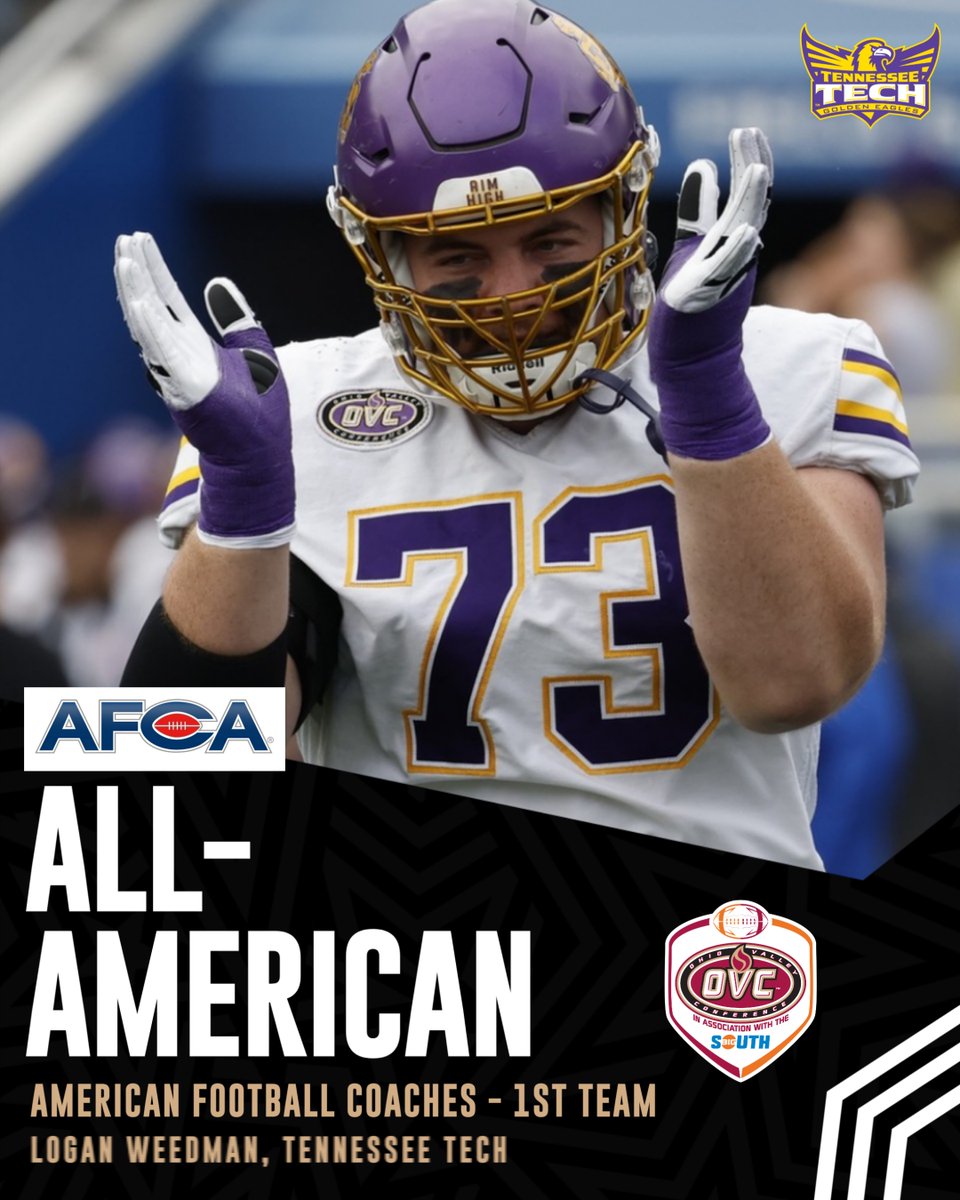 OVCBigSouthFB's tweet image. .@TnTechFootball OL Logan Weedman (@logan_weedman) has been named a 1st Team 𝗔𝗹𝗹-𝗔𝗺𝗲𝗿𝗶𝗰𝗮𝗻 by @WeAreAFCA. 

More: bit.ly/4aDtFdf

#WingsUp | #OVCBigSouthFB