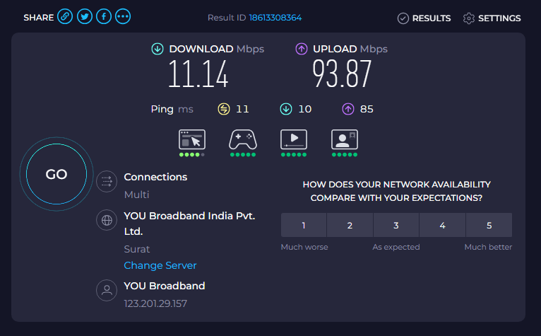 StrangeQuark007's tweet photo. @youbroadband is straight-up scamming customers.

100 Mbps plan. 
Real internet stuck at 10-20 Mbps.

Screenshots attached:
Difference in download speeds with and without CF WARP

Same line. Same device. Same Time.

Either deliberate throttling or incompetent routing.

@TRAI https://t.co/0N2DO2aWFK