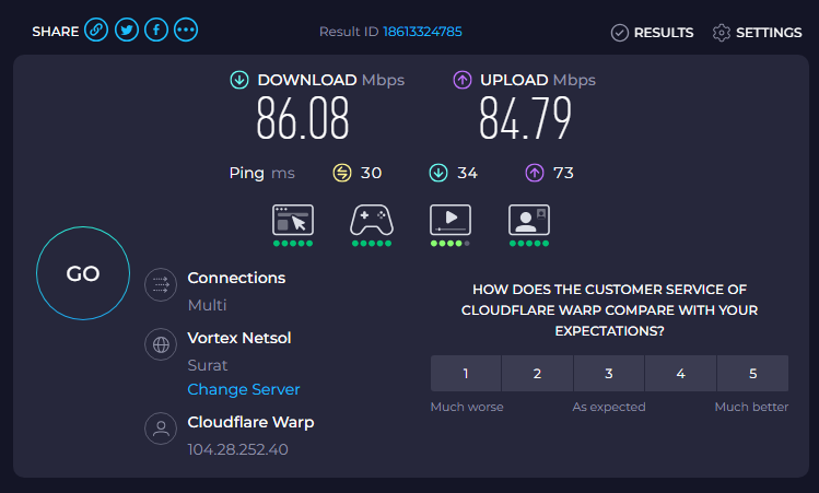 StrangeQuark007's tweet photo. @youbroadband is straight-up scamming customers.

100 Mbps plan. 
Real internet stuck at 10-20 Mbps.

Screenshots attached:
Difference in download speeds with and without CF WARP

Same line. Same device. Same Time.

Either deliberate throttling or incompetent routing.

@TRAI https://t.co/0N2DO2aWFK