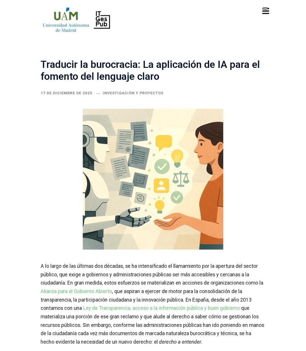 🚨 Nuevo post en el #BlogITGesPub 📬

🧩 "Traducir la #burocracia"

✍️ Nuestro compañero <a href="/CJimenezC_/">Carlos Jiménez</a> escribe acerca del potencial de la #IA para el fomento del #lenguajeclaro y la mejora del acceso de la ciudadanía a los #serviciospúblicos 🤖📄

🔗 Enlace: itgespub.net/traducir-la-bu…