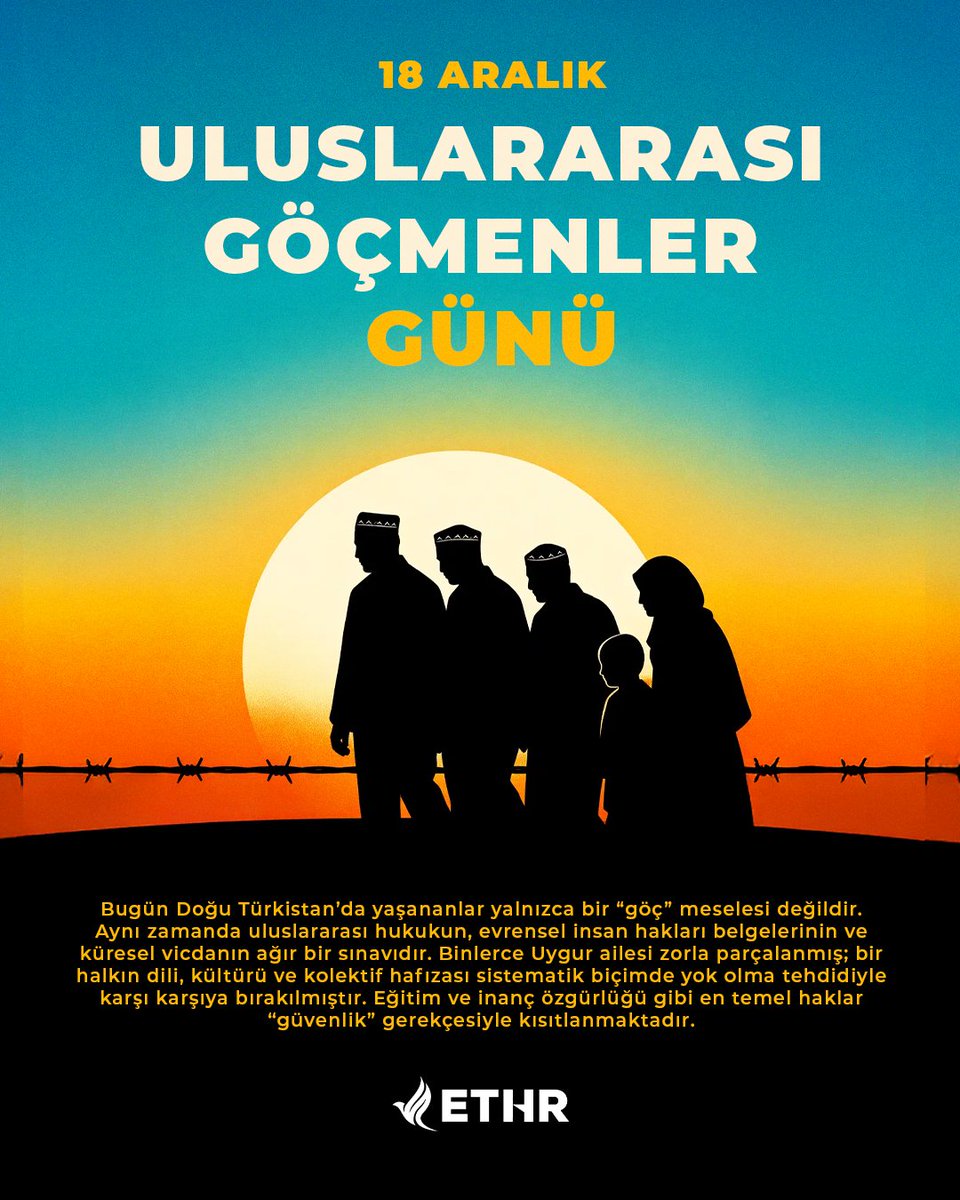 ethrworg's tweet image. Bugün Doğu Türkistan'da yaşananlar yalnızca bir "göç" meselesi değildir. Aynı zamanda uluslararası hukukun, evrensel insan hakları belgelerinin ve küresel vicdanın ağır bir sınavıdır. Binlerce Uygur ailesi zorla parçalanmış; bir halkın dili, kültürü ve kolektif hafızası…