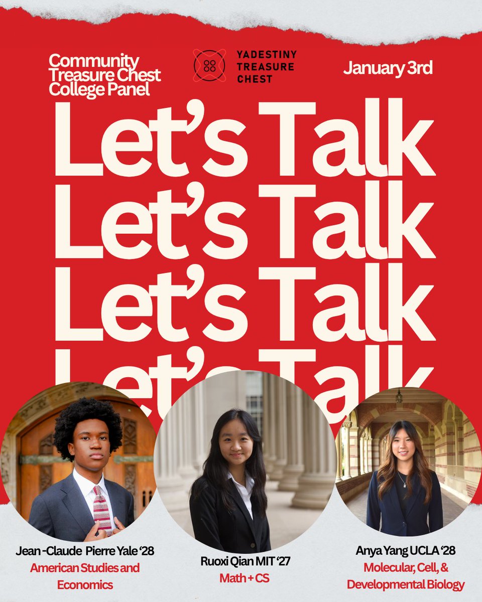 YTC_NONPROFIT's tweet photo. 🎓 Join our FREE Virtual College Panel on Jan 3, 3–5 PM EST! Hear from students at Yale, MIT, UCLA &amp; more. Get real college advice! 🔗 Register in bio! #CollegeReady #FutureStars https://t.co/U38FQo4naw