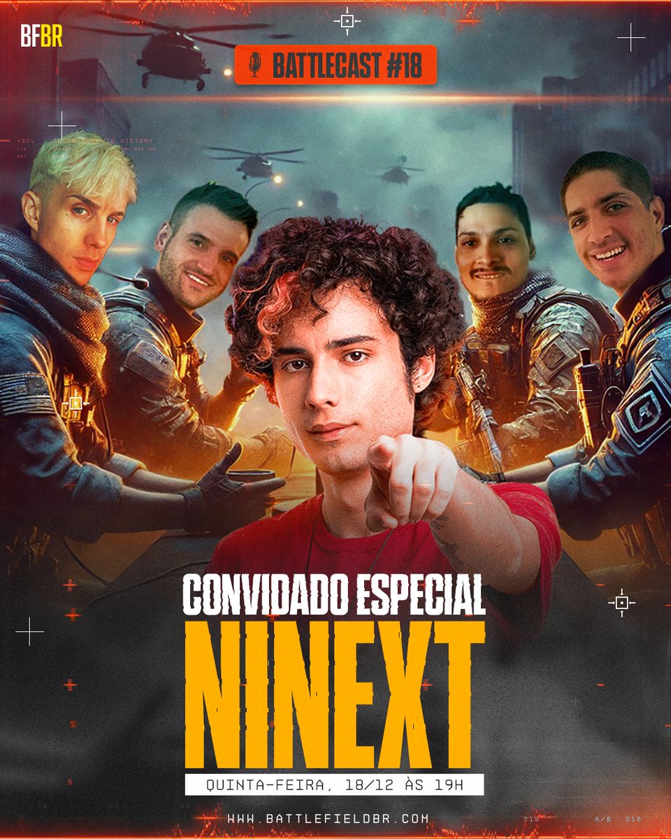 Hoje, às 19 horas, tem mais um episódio muito especial do Battlecast, dessa vez com <a href="/ninexTT/">ninexT</a> ! Vamos bater um papo sobre o retorno dele ao competitivo do Battlefield, além de conversarmos sobre o que foi 2025 para a franquia BF!

(Lembrando que também anunciaremos o ganhador do