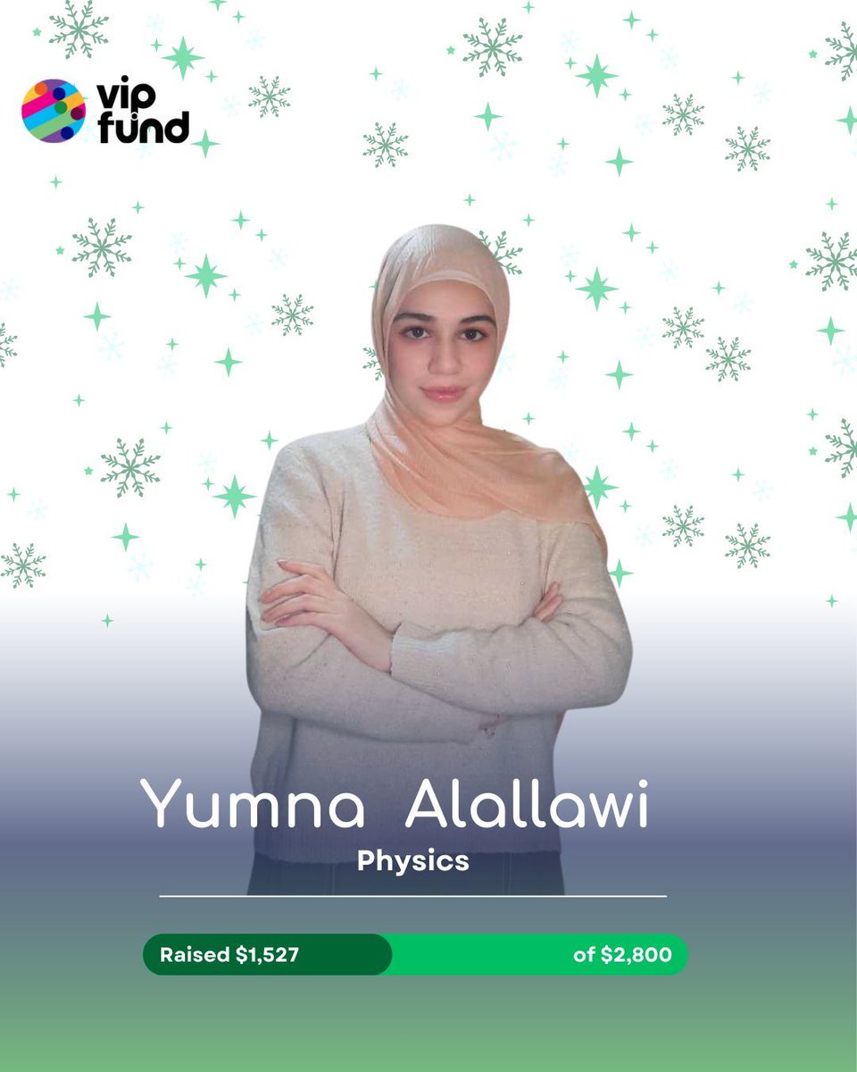 Meet Yumna, and help her continue her Physics degree at LIU. She has never stopped dreaming and teaching young girls that education can rewrite their futures. Your support help her becoming the first Syrian woman to reach the stars. buff.ly/7A09RWb#VIPFun…