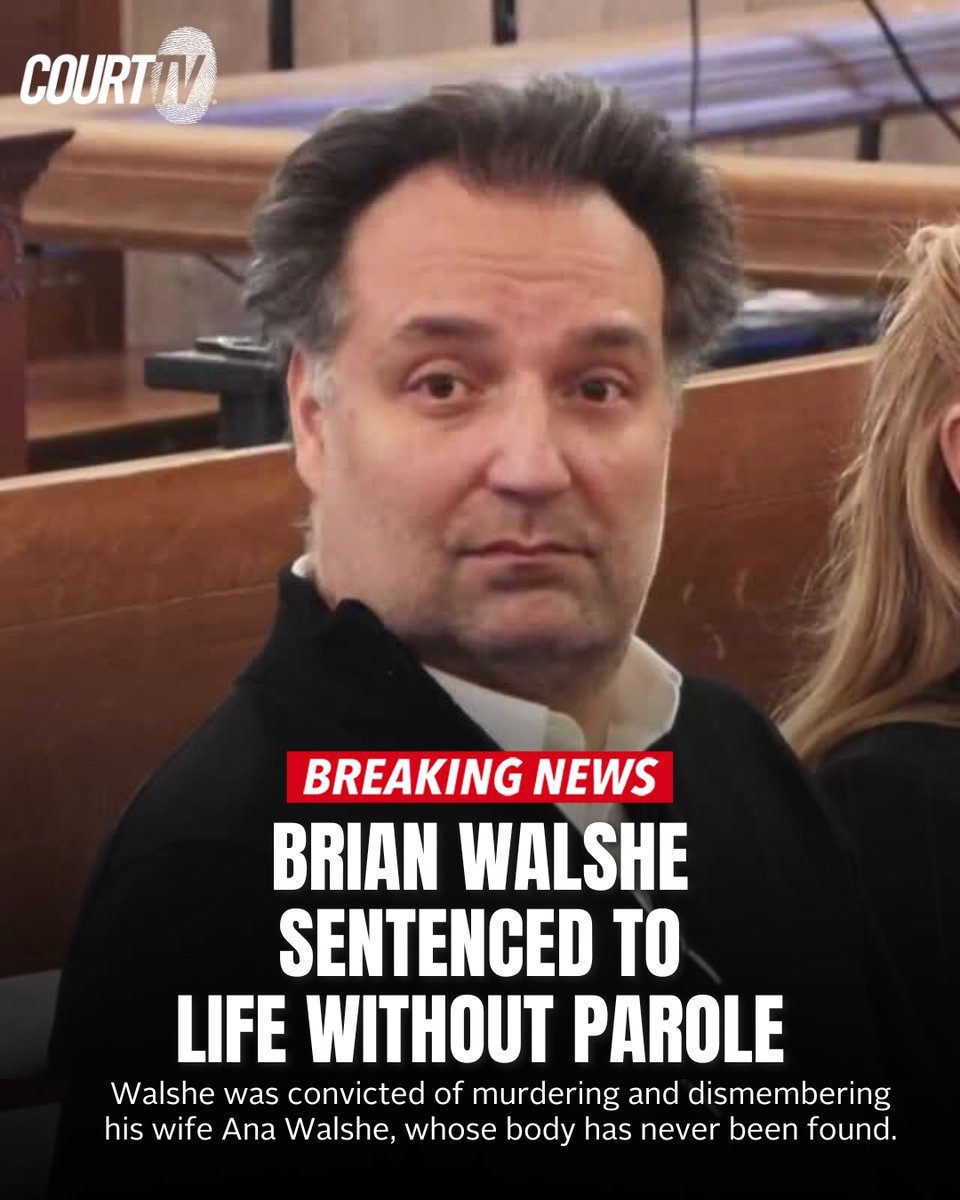 CourtTV's tweet photo. #BREAKING: Convicted killer #BrianWalshe sentenced to LIFE WITHOUT PAROLE for the murder and dismemberment of his wife, #AnaWalshe.

Judge Diane Freniere called what Walshe did "barbaric," saying, "This is the only appropriate sentence."

#CourtTV Did the Judge get it right?⚖️👇 https://t.co/zP1pmooxWr