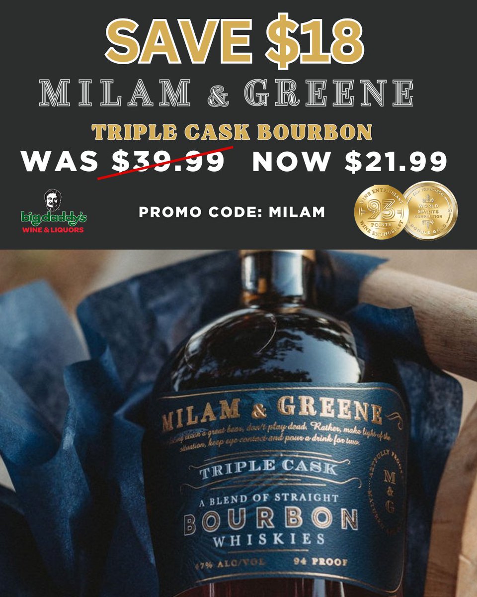 Last minute shopping? Grab your bottle of Milam &amp; Greene Triple Cask for just $21.99 at Big Daddy's Liquor store!