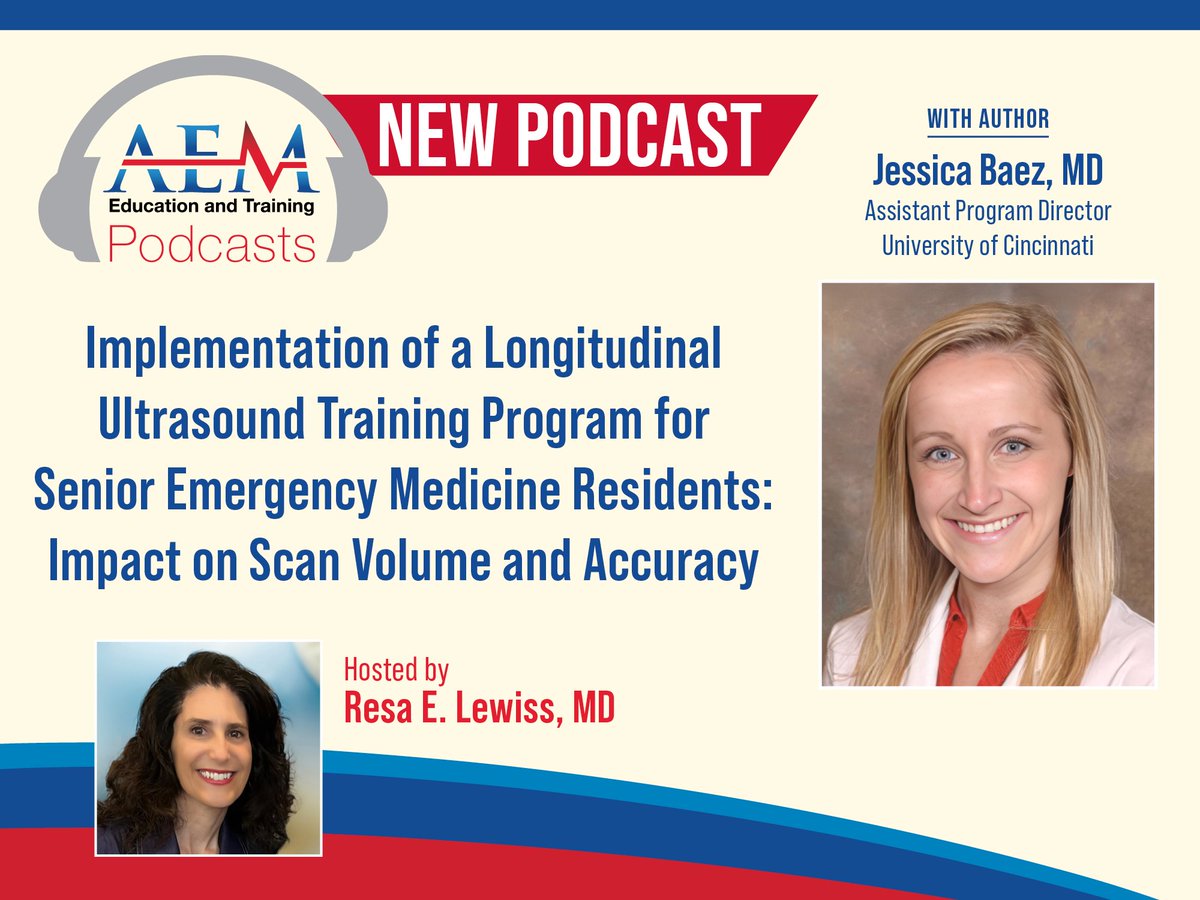 SAEMonline's tweet image. In a recent AEM E&amp;amp;T podcast episode, host Resa Lewiss, MD, interviews author Jessica Baez, MD, about "Implementation of a Longitudinal #Ultrasound Training Program for Senior #EmergencyMedicine Residents: Impact on Scan Volume and Accuracy."

Listen now: ow.ly/HxO850XL3fp