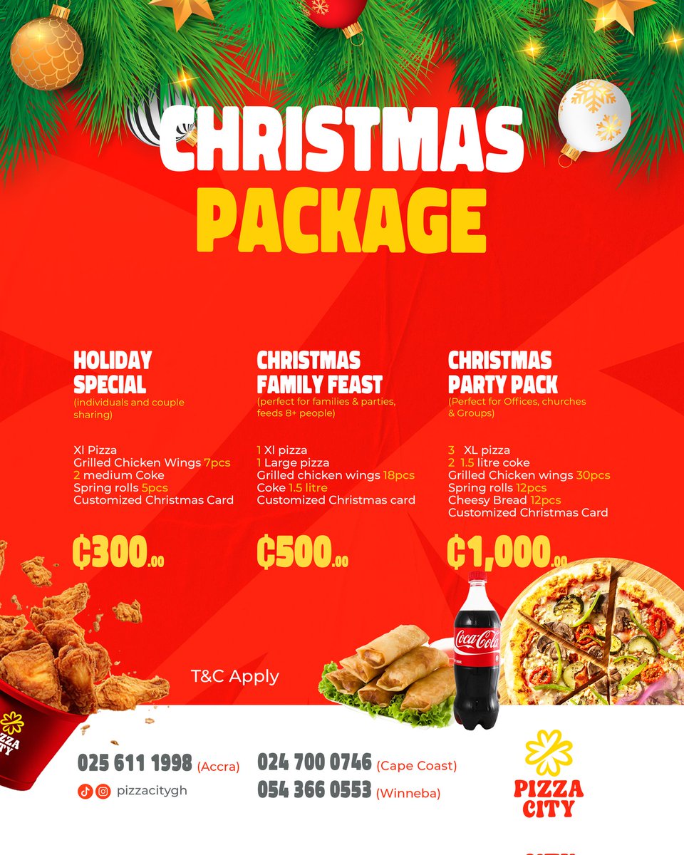 JoyNewsOnTV's tweet photo. #Ad 
This Christmas, Pizza City has a package for everyone 
From ₵300 to ₵1,000, enjoy carefully curated Christmas meals perfect for individuals, families, offices, and celebrations.
Good food, great moments all season long.
#PizzaCity https://t.co/gCe4eISXO6