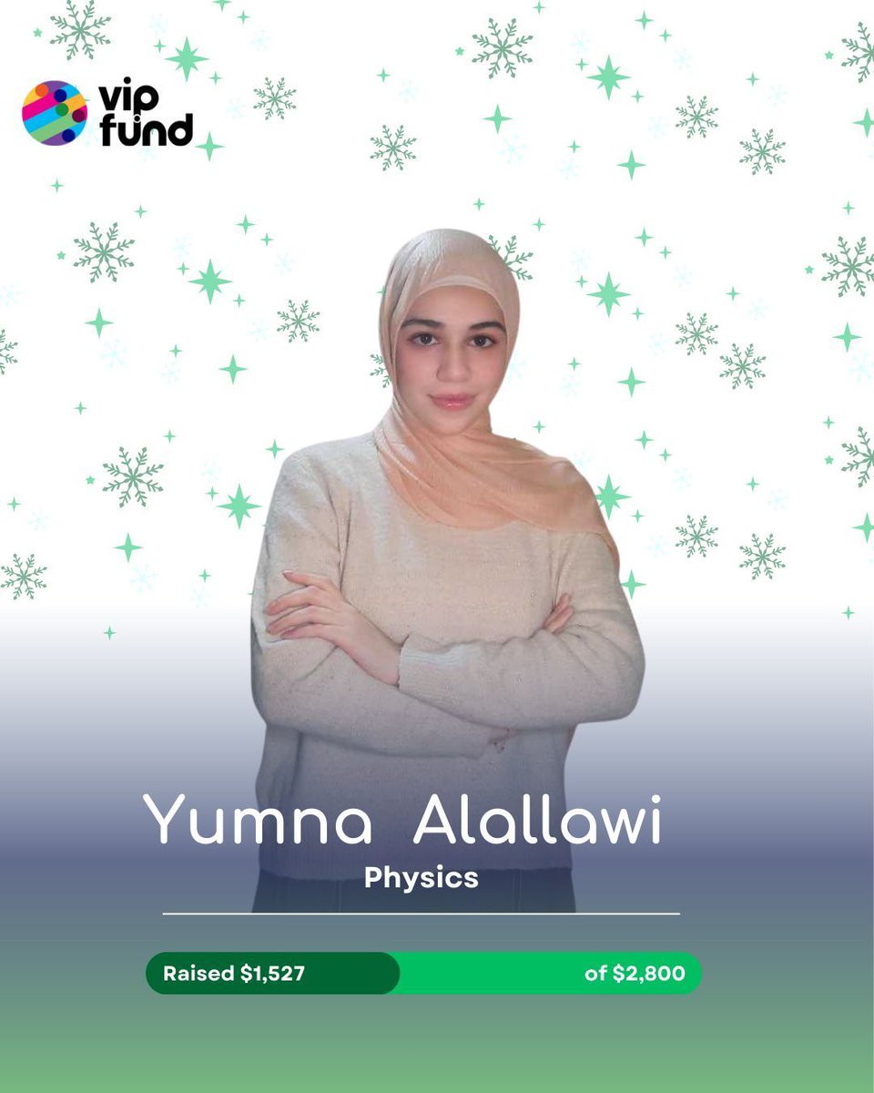 Meet Yumna, and help her continue her Physics degree at LIU. She has never stopped dreaming and teaching young girls that education can rewrite their futures. Your support help her becoming the first Syrian woman to reach the stars. buff.ly/7A09RWb#VIPFun…