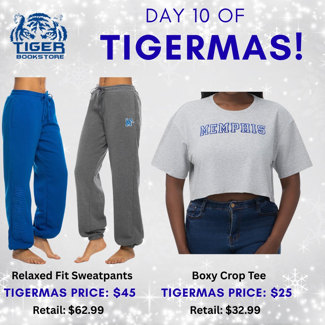 TigerBookstore's tweet photo. Today’s TIGERMAS deals are all about comfort and style:
Relaxed Fit Sweatpants for $45
Boxy Crop Tee for $25

Available now in-store and online at https://t.co/PXdf2fgaWl https://t.co/WVim6vlnJd