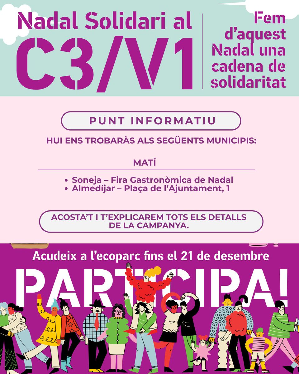 Hui estarem en diversos municipis per a contar-te com pots transformar els teus residus en ajuda per a qui més ho necessita.

📍Soneja – Fira Gastronòmica de Nadal
📍Almedíjar – Plaça de l’Ajuntament, 1

Visita el nostre punt informatiu i descobreix com participar en la campanya.