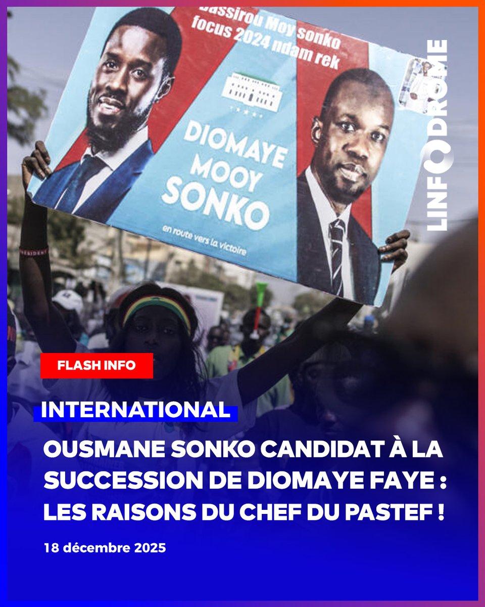 Pour la présidentielle de mars 2029, les Patriotes du Sénégal n’ont qu’un seul plan : Briguer un mandat présidentiel pour Ousmane Sonko à la suite du premier passage de Bassirou Diomaye Faye.

f.mtr.cool/tckomansvg 

#Linfodrome