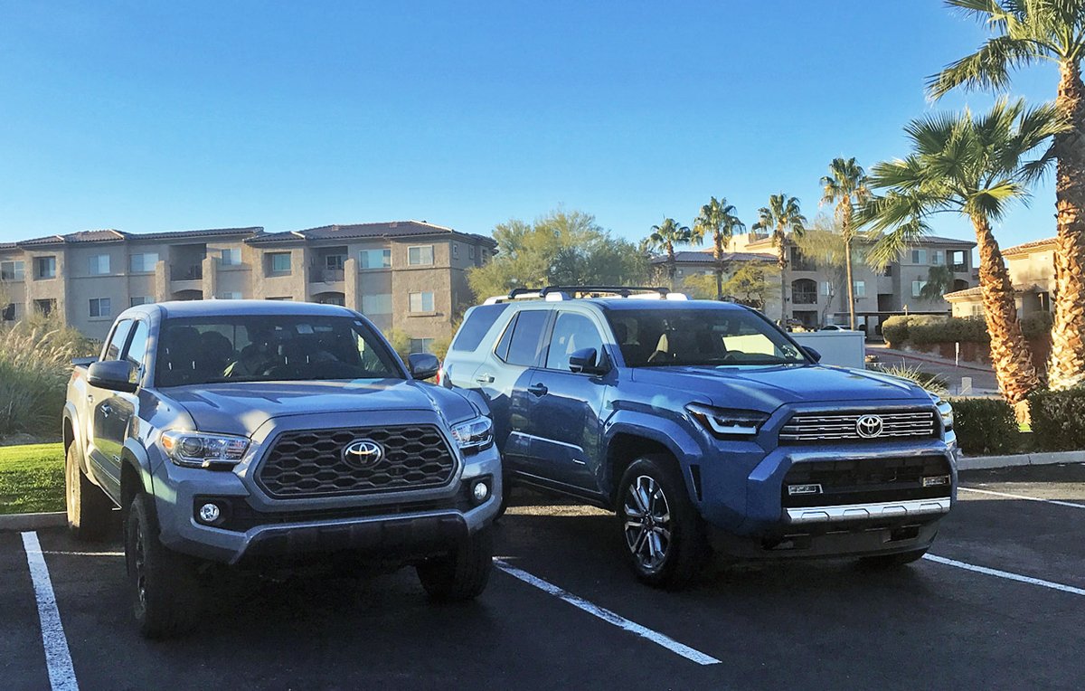 Our new-gen Toyota 4Runner Limited promptly attracted a prior-gen Toyota Tacoma cousin while we were inside running an errand. #ToyotaUSA #Toyota4Runner #ToyotaTacoma