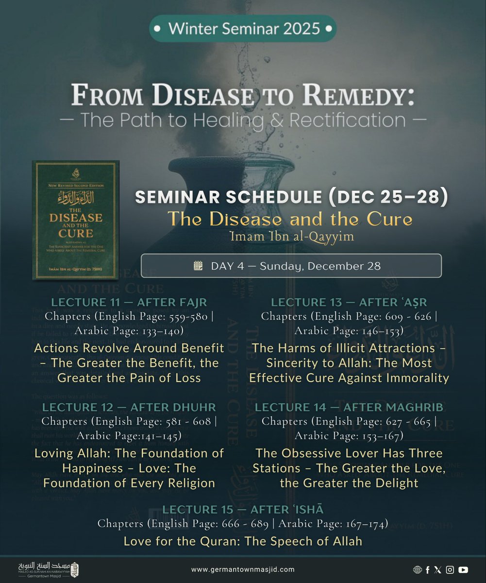 📖 Preliminary Schedule Winter Seminar 1447 AH | 2026

From Disease to Remedy
The Path to Healing &amp; Rectification

The Disease and the Cure: Imām Ibn al-Qayyim

• Familiarize themselves with the themes
• Begin reading ahead

May Allah bless this conference and the community.