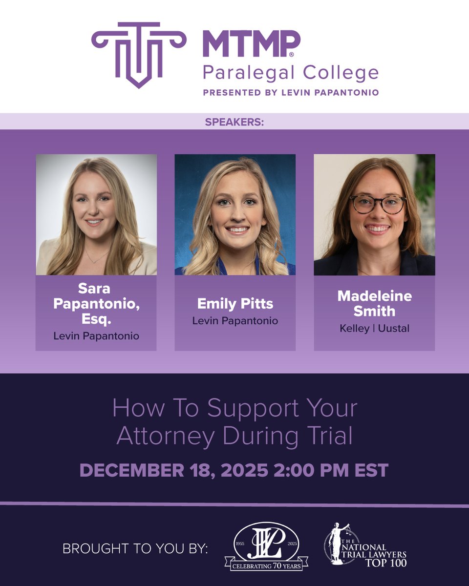 Join us today, 12/18 for a powerful new #ParalegalCollege webinar.  💼💪Fresh off a $20M Johnson &amp; Johnson #talcverdict, our panel is breaking down what #attorneys really need when the pressure’s on — not just in the courtroom, but behind the scenes.

mtmp.com/webinars/how-t…