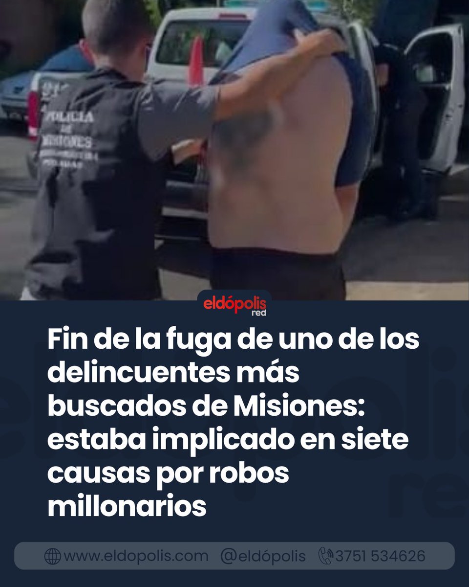eldopolis's tweet image. Fin de la fuga de uno de los delincuentes más buscados de Misiones: estaba implicado en siete causas por robos millonarios
La detención se concretó luego de más de tres meses de investigación. eldopolis.com/news/jgGsnYAqL…