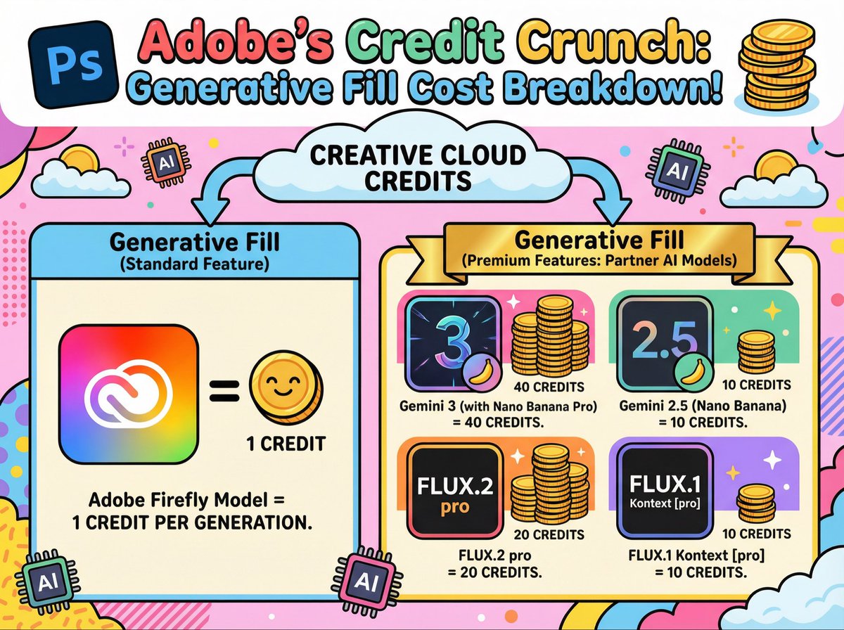 If you use Generative Fill Technology inside of Photoshop, here’s a breakdown of how many credits are deducted depending on which AI Model you use ✅