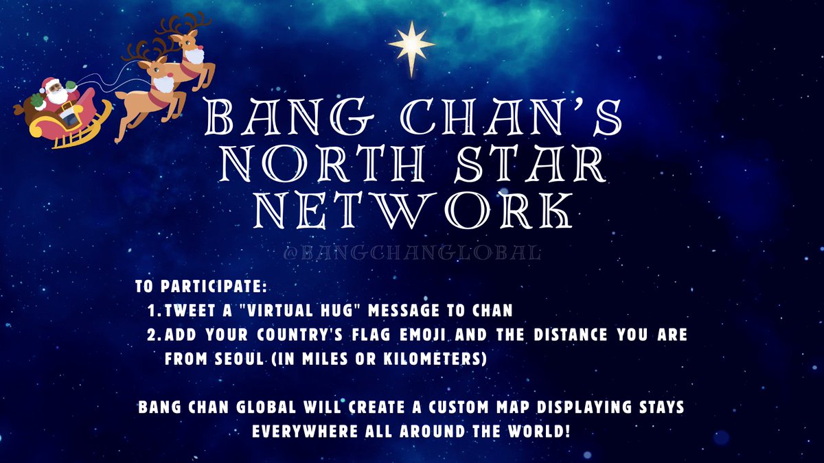BangChanGlobal's tweet photo. 🎄| DAY 6 🌌
Chan’s our North Star but today you’re the stars guiding him home! ✨🐺
To participate:
🫂 Leave a virtual hug message
🚩 Add your country's flag
📏 Add the distance to Seoul
We’re mapping our stardust path to him! 🗺️💫
#BangChanOurNorthStar
#12DaysofCHRISmas https://t.co/fPSlzbL0IA