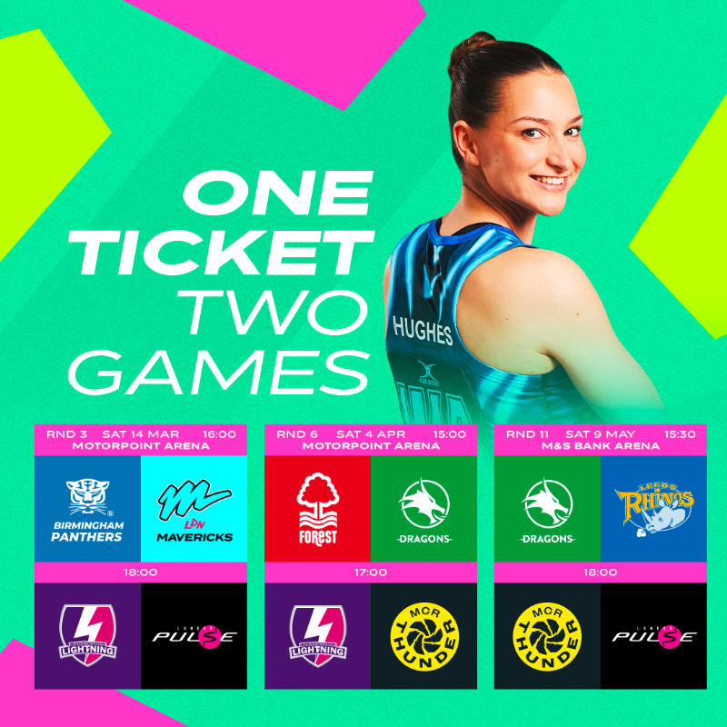 NetballSL's tweet photo. One ticket, two games ✌️

🏐 Enjoy two NSL games back-to-back in the same arena for the first time.

Don’t miss out ⬇️