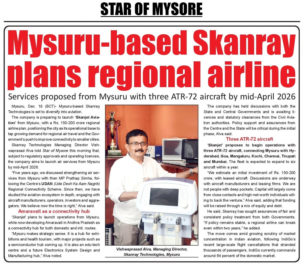 Mysuru- based Skanray plans regional airline

Src: Star of Mysore