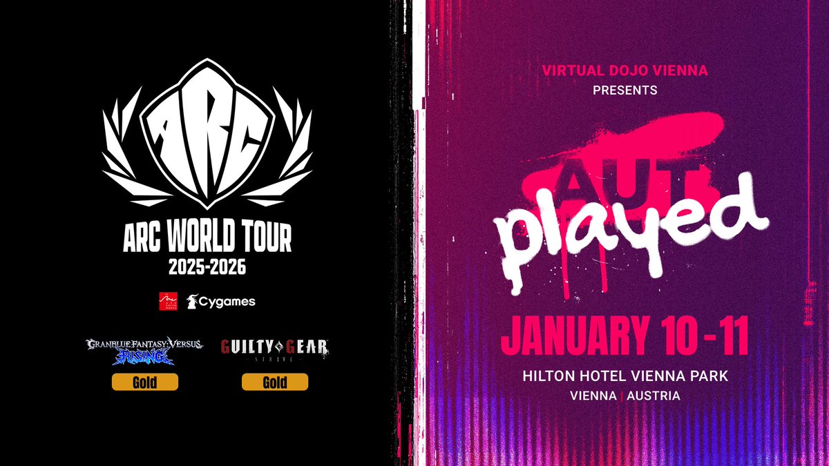 ‼️AUTplayed x ARC WORLD TOUR 2025-2026‼️

AUTplayed 2026 is the last european stop before the ARC WORLD TOUR 2025-2026 Finals. We have the honor to be a GOLD Qualifiers for [Granblue Fantasy Versus: Rising] and [Guilty Gear -STRIVE-]!

Don't miss your chance to compete with the