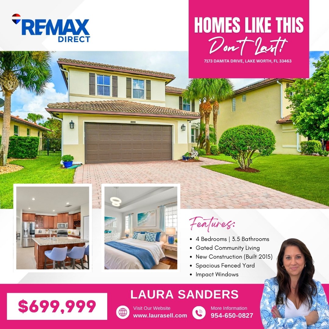 laurasellsflcom's tweet image. 🏡 MODERN LIVING IN A GATED COMMUNITY

📍 7173 Damita Dr | Lake Worth, FL 33463
💰 $699,999

📞 Call Laura Sanders today
📲 954-650-0827
#LakeWorthFL #GatedCommunity #NewerConstruction #ImpactWindows #FloridaLiving #FamilyHome #PoolReadyYard #LauraSandersRealEstate
